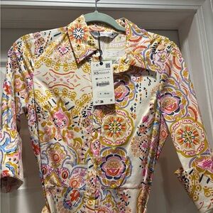 Zara Multicolor Floral Shirt Dress with tie